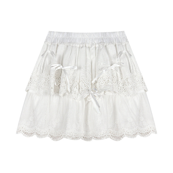 White lace summer fitted skirt with bow