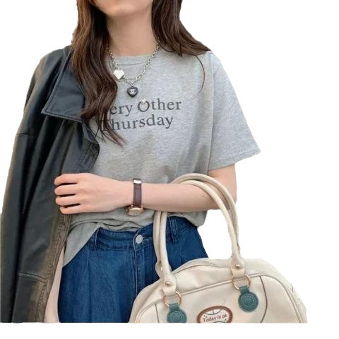灰色圆领短袖t恤女2025年新款夏季韩版字母印花宽松休闲上衣ins潮