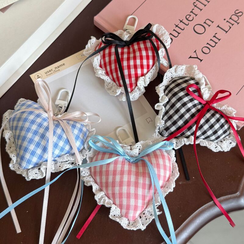 New Sweet Heart Lace Plaid Ribbon Keychain Ins Preppy Style Girl Heart School Bag Pendant Gift
