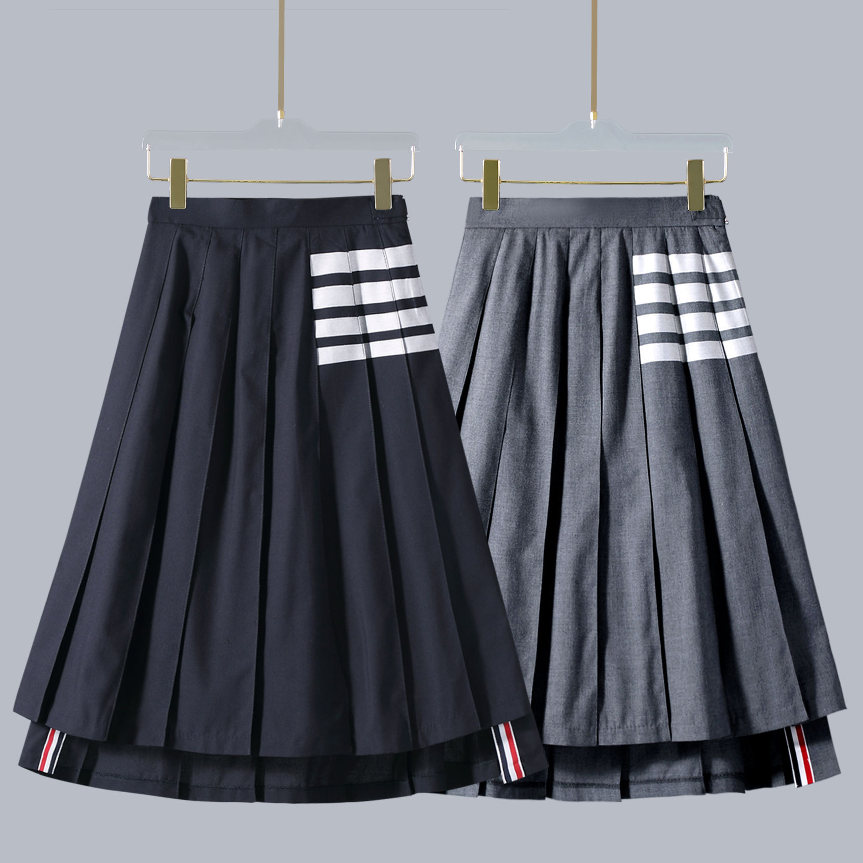 スポットTB JLプリーツスカート ハイウエスト 痩身 4本ストライプ アシンメトリーロングスカート Aライン 万能四季ハーフレングススカート レディース