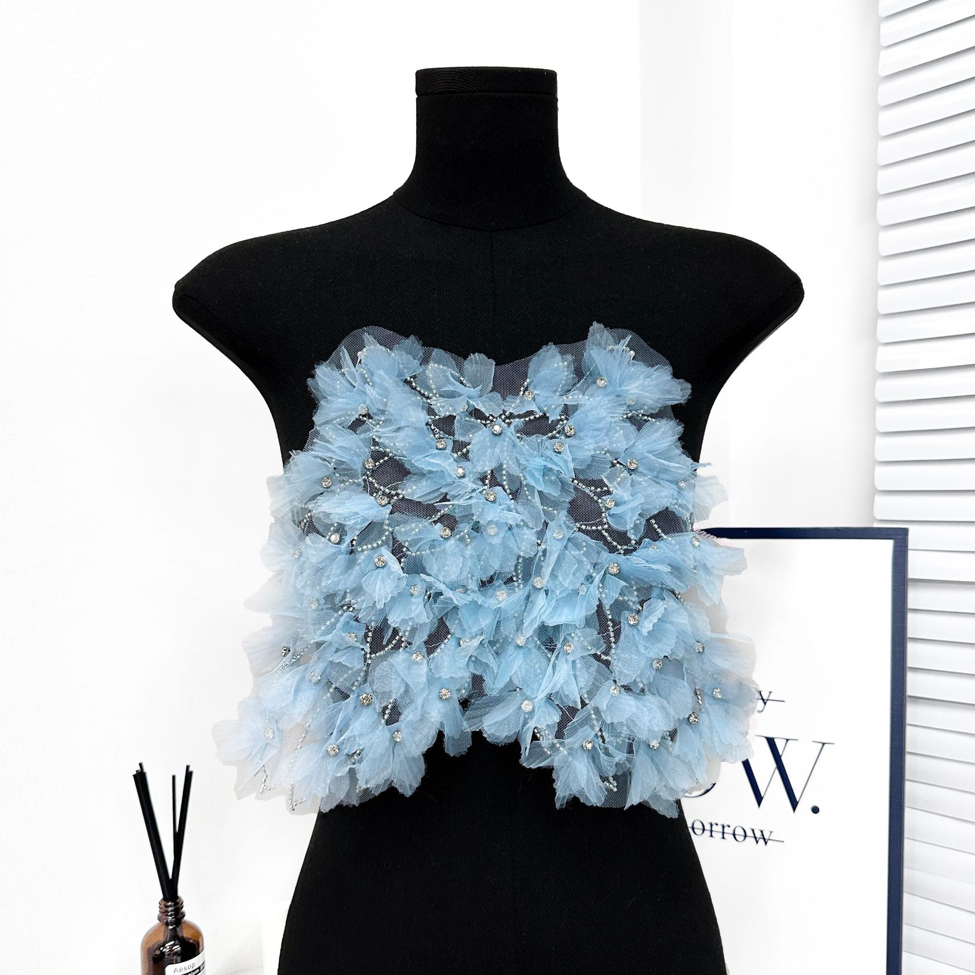 Cuello bordado, todo fósforo, cuello delantero de alta gama, malla, accesorios de diamantes de imitación, vestido de cuello para mujer, decoración de blusa de suéter