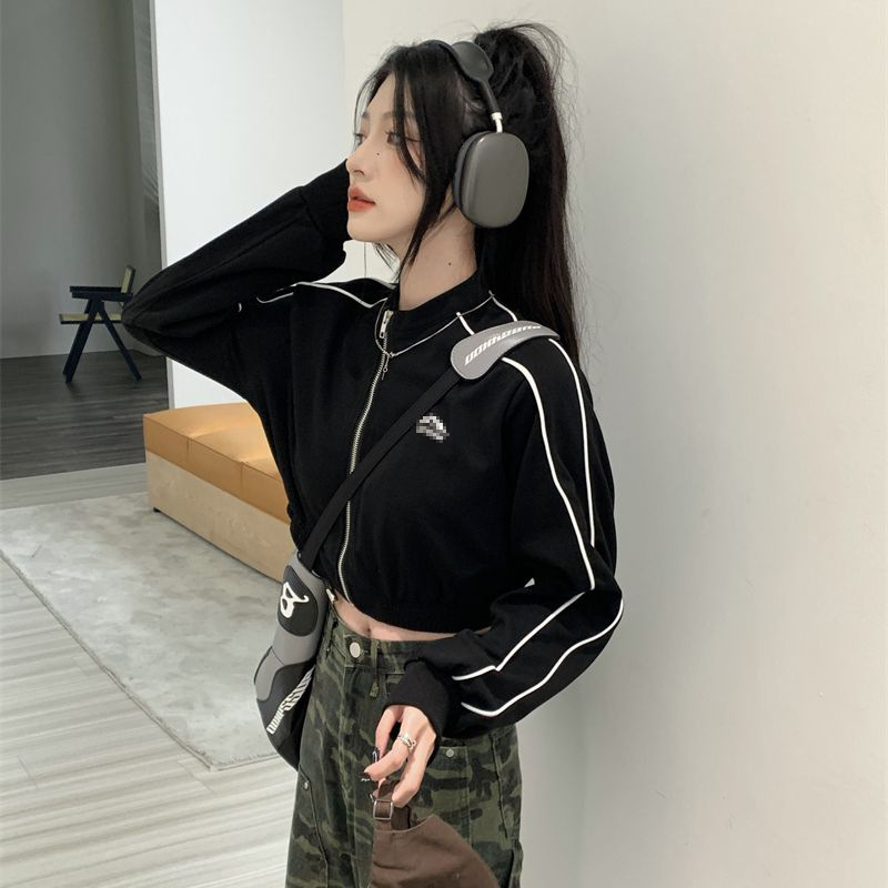 美式辣妹休闲运动小个子外套女秋季宽松显瘦复古黑色短款开衫上衣