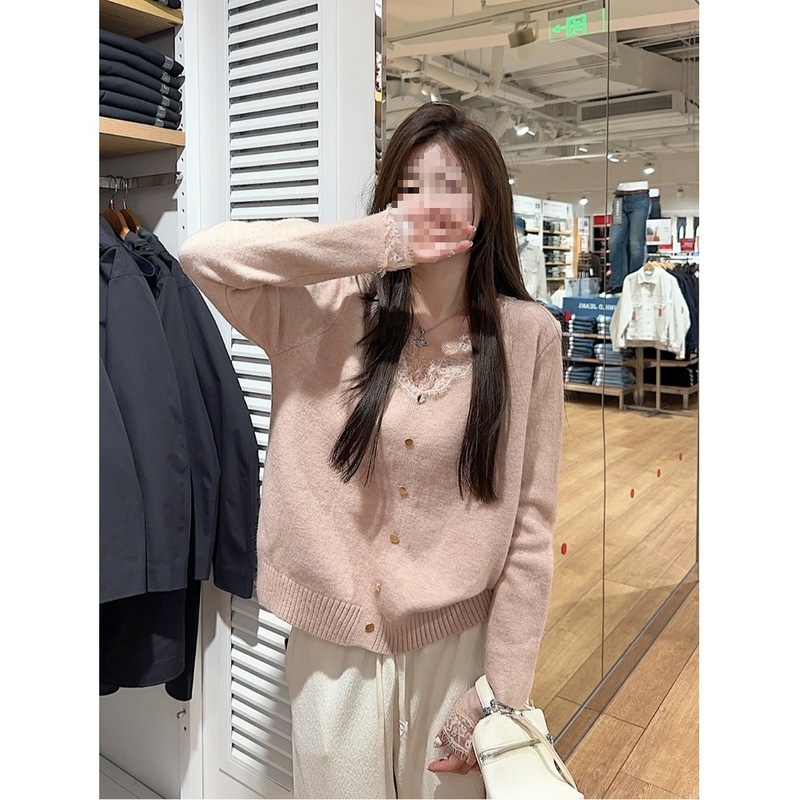 温柔风蕾丝花边粉色毛衣女冬季百搭打底衫宽松软糯针织衫内搭上衣|undefined