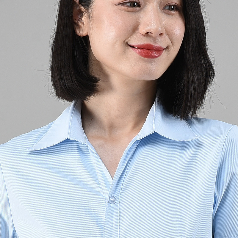 New Women's light blue Twill V-neck Shirt Women's Shirt Professional Dress Work Clothes Tight Waist Slim-fit plus size