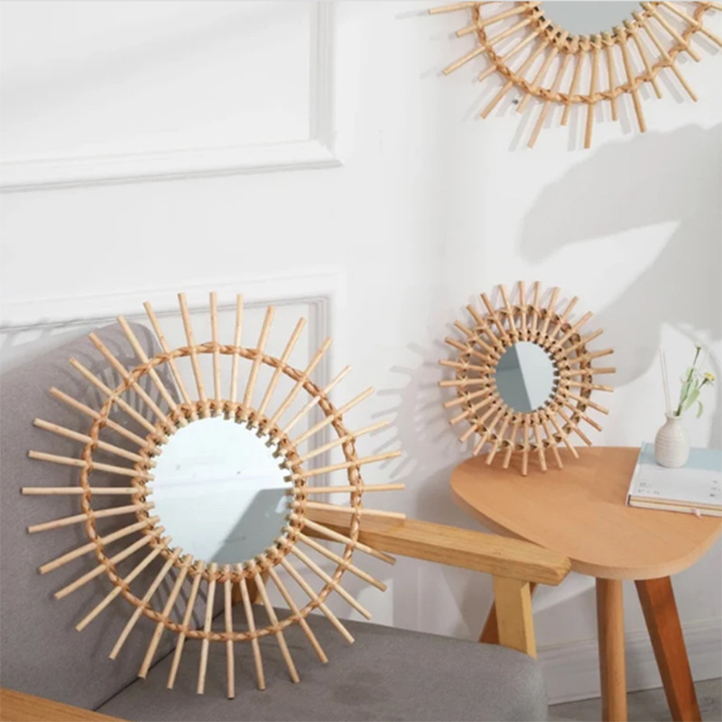 Retro estilo ratán vestidor espejo pasillo espejo redondo Luz de lujo B & B Hotel decoración de la pared espejo vertical colgante en stock