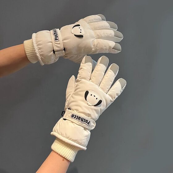 RL new ski gloves ladies autumn and winter plus thick velvet cotton tram windproof warm genuine cartoon cute touch