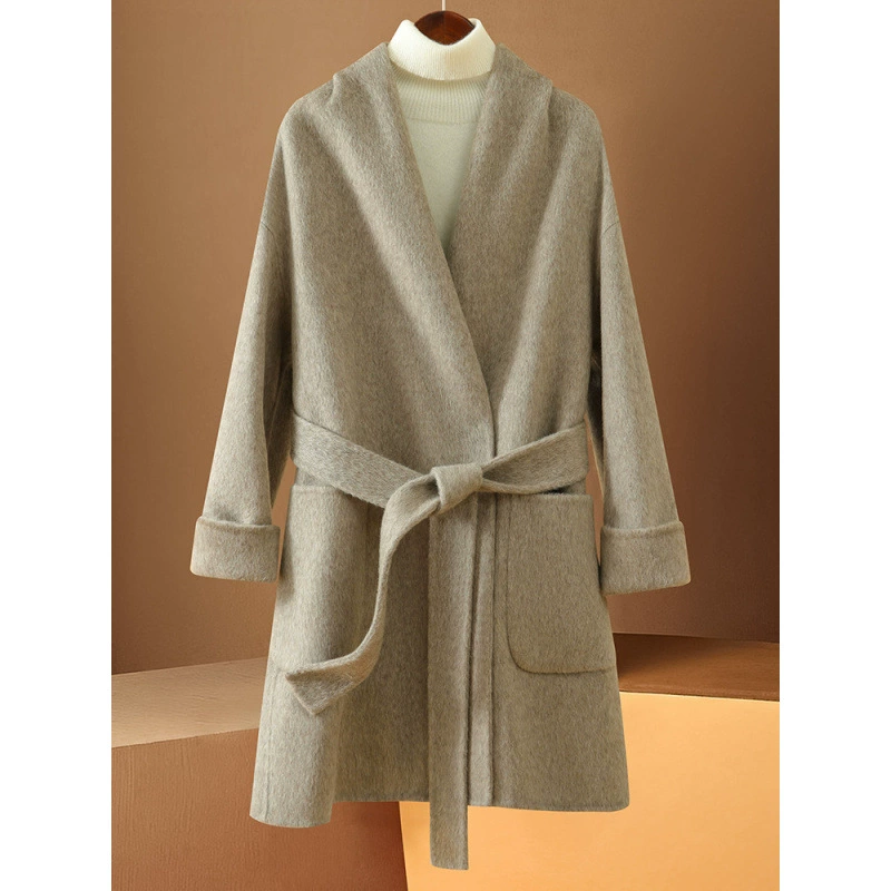 Осенний и зимний новый шерстяной двухсторонний шерстяной пальто женский V-образный шнуровка шнуровка свободный кардиган средней и длинной куртки с карманом