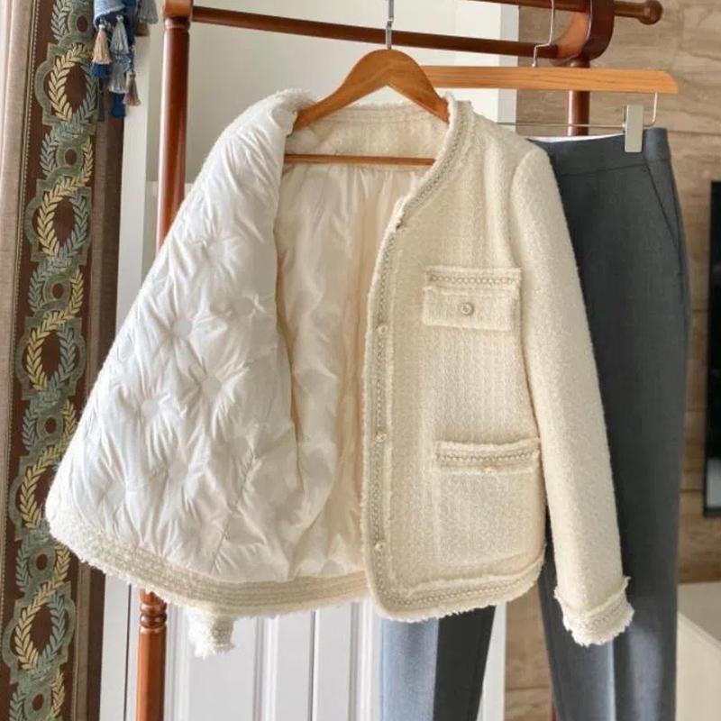 Autumn and Winter Thickened New Tweed Seasonal Coat for Women, Spring Short Single Chanel-Style Round Neck down Jacket