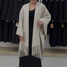 披肩流苏款立体裁剪无领落肩袖中长款双面尼羊毛大衣女保暖秋冬
