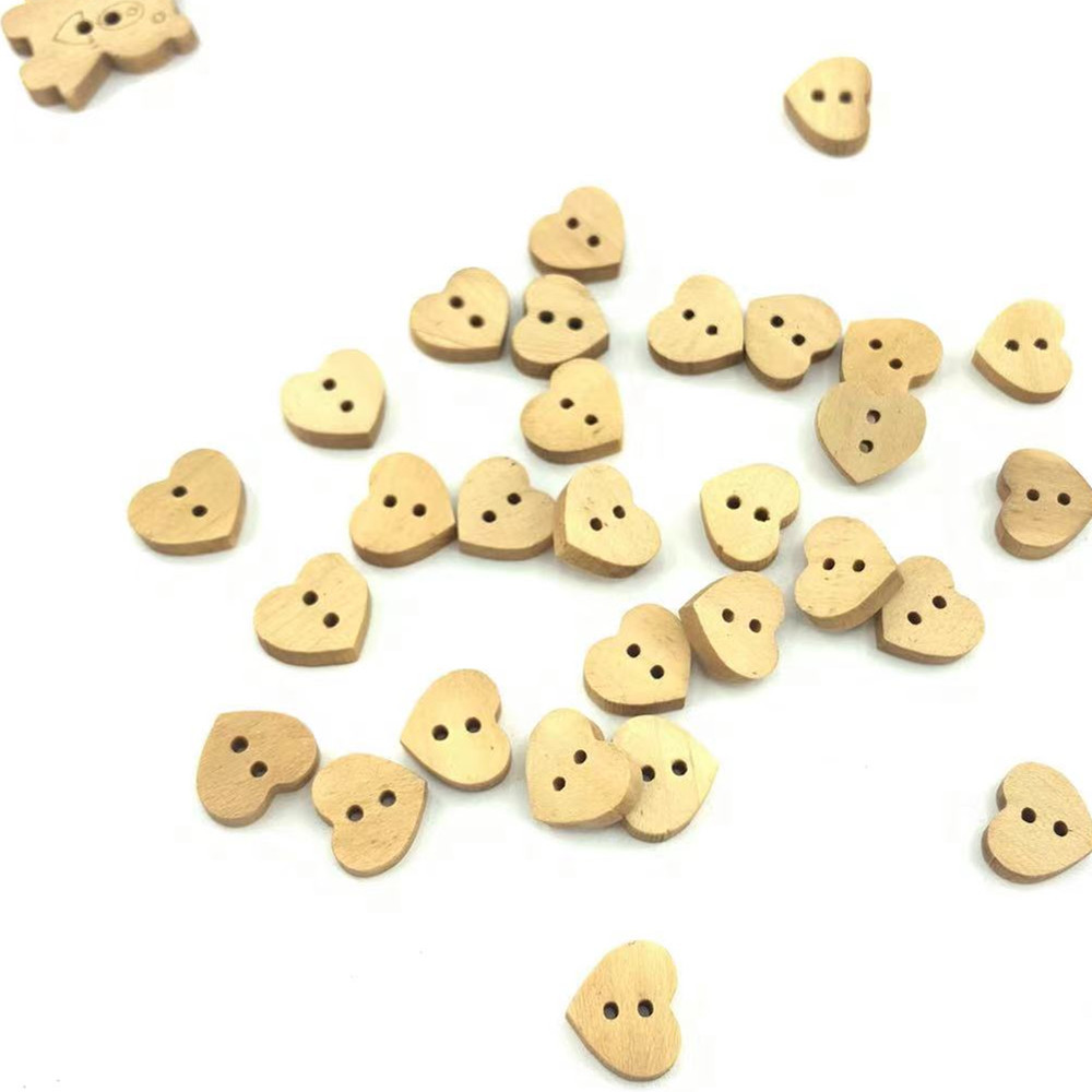 可爱2眼心形卡通儿童纽扣简约原木色天然木头纽扣桃心钮扣