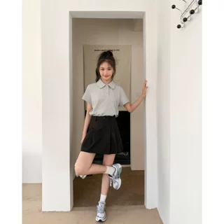 简约休闲polo领短袖t恤女夏季2026新款宽松显瘦正肩上衣