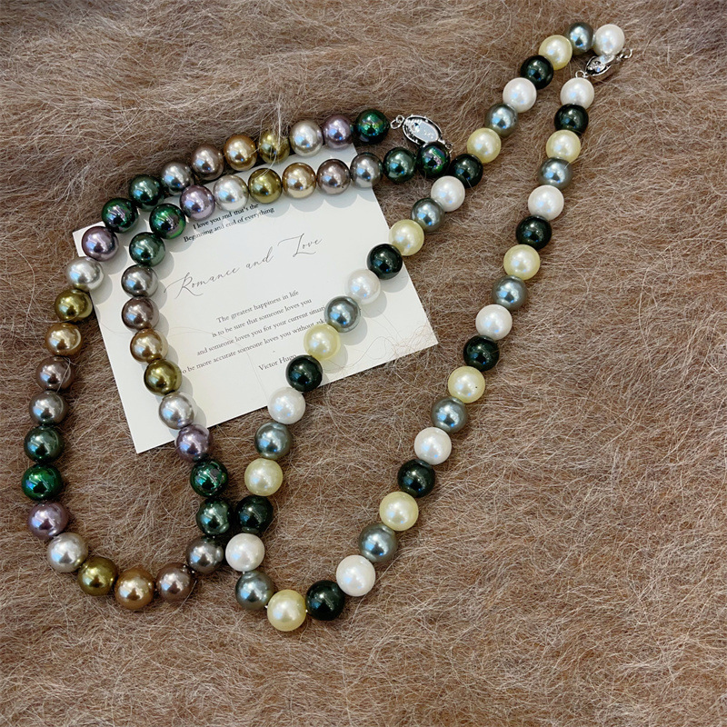 秋冬新款彩色仿珍珠项链复古气质串珠颈链气质简约毛衣链