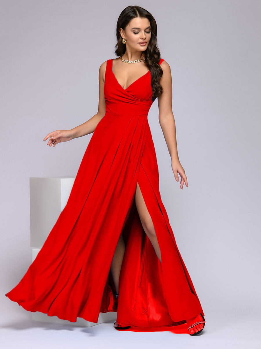 Femmes Robe De Fête Élégant Col En V Cuisse Fente Sans Manches Couleur Unie Maxi Longue Robe Banquet display picture 2