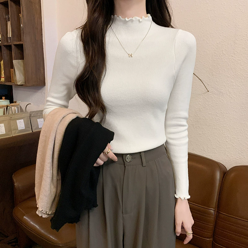 Базовая рубашка Женская одежда Сплошной цвет Стильный стиль Осень 2023 Новый свитер с высоким воротом в ушной оправе Вязаный Топ