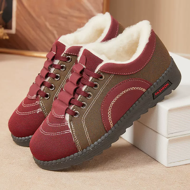 冬季新款平底拼色系带女防滑休闲风棉靴布面靴保暖舒适老年妈妈鞋