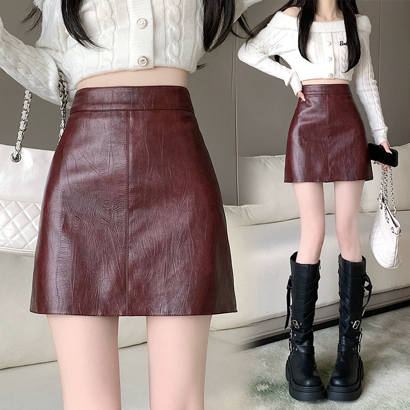 Реальная стрельба 2024 осень новая кожаная юбка, женская высокая талия, бедра, короткая юбка, тонкая минималистская юбка