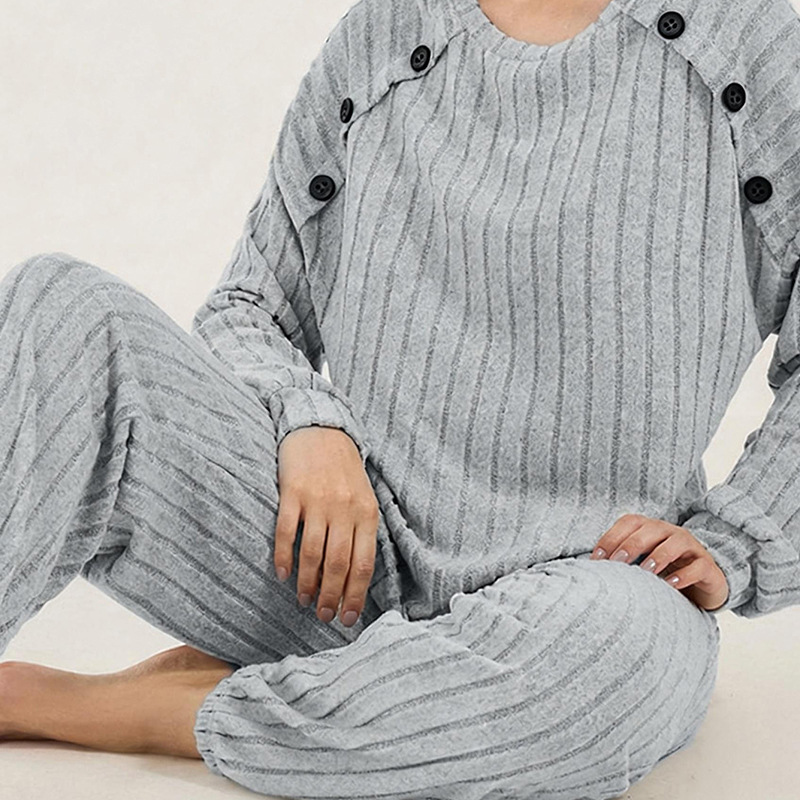 Autumn and Winter Style Button Detail Ribbed Crew Neck Long Sleeve Top and Casual Comfortable Long Pants Women's Warm Pajama Set