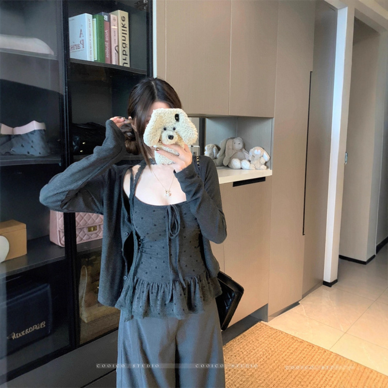 实拍 2025秋季韩版针织开衫女波点蝴蝶结绑带吊带打底衫两件套女|undefined