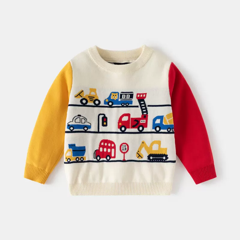 TYG Kids童装男童多卡通小汽车提花套头毛衣新品儿童双层棉线上衣