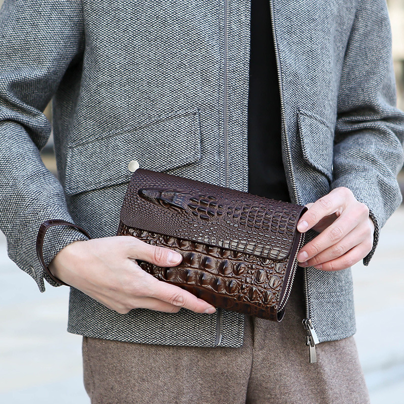 New Men's Bag with Crocodile Pattern, Men's Double Zipper Handbag, High-End Wallet, Coin Purse, Double-Layer Card Holder Wholesale 2026