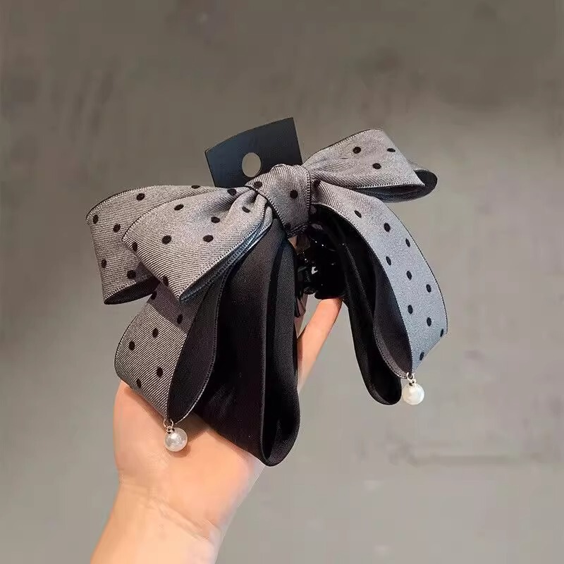 Korean Polka Dot Bow Pearl Ponytail Clip, High-End, Sweet and Elegant Hair Clip, Half-Tied Hair, Exquisite Clip