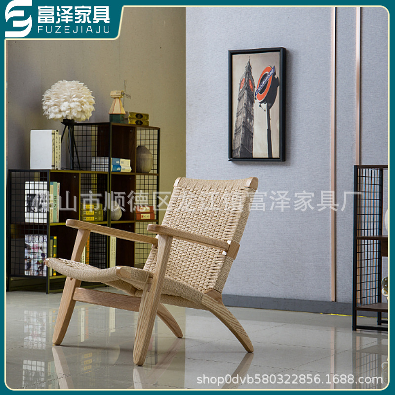 北欧ins东南亚风格民宿家用咖啡厅酒店实木麻绳休闲躺椅单人沙发