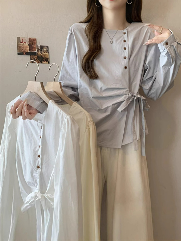 Crewneck Button Lace-up Bow Shirt Autumn plus size Fat Sister Western-style Design All-match Slim-fit Top for Women