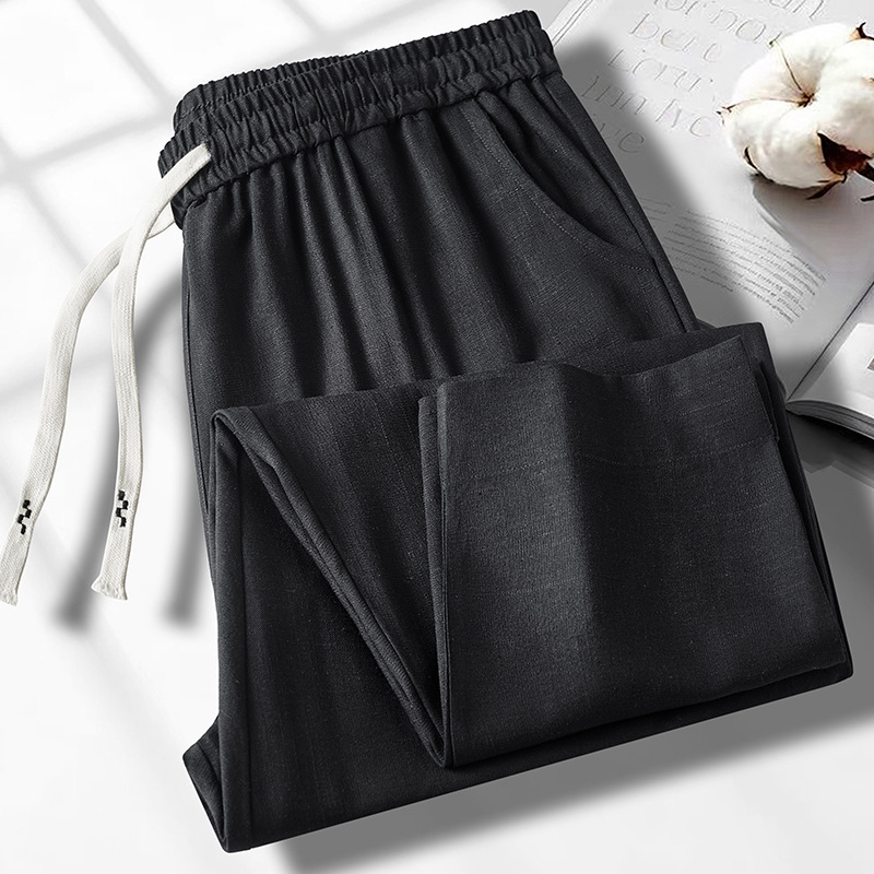 Plus-Size High-End Linen Pants in Charcoal Gray, Cotton-Linen Loose Straight-Leg Pants, Thin Summer Long Pants for Men