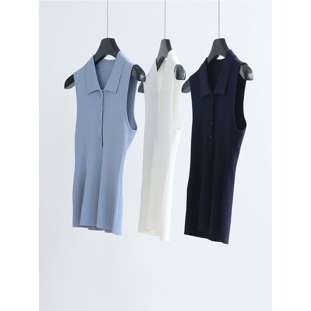 14-игольчатый вязаный жилет с воротником-поло из изогнутой бисерной пряжи, облегающий топ без рукавов в рубчик, простой элегантный пуловер для женщин.