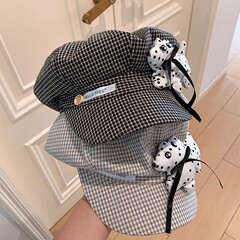 2025新款可爱波点小狗格纹贝雷帽女夏季薄款百搭文艺显脸小八角帽