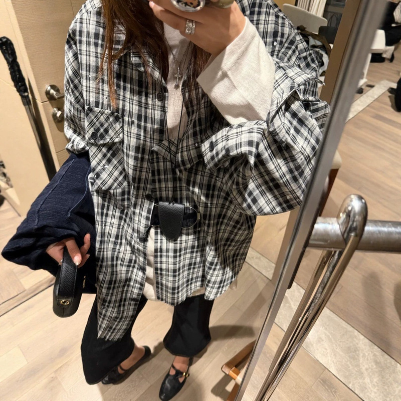 BF style back embroidered retro lazy plaid shirt for women, new autumn loose and slimming mid-length shirt