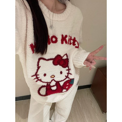 可爱卡通小猫咪半边绒睡衣女款冬季2024加厚针织开衫长裤家居套装
