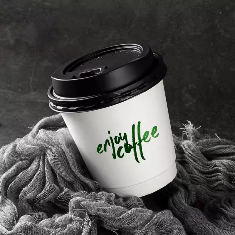 Taza de café desechable de doble capa con tapa, taza de té de leche caliente y fría, 90 calibre, taza de embalaje extra gruesa para llevar comercialmente