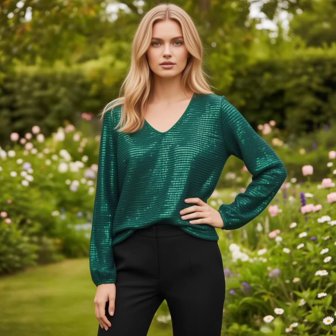 Women's Elegant Loose Fit Long Sleeve V Neck Sequin Tunic Top – Solid Color Glitter Layering Tee_voghion.com