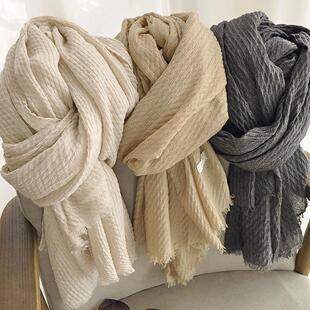 Giant Soft Plain Cotton and Linen Scarf Women's Autumn and Winter Thin Literary Style Vintage Warm Neck Scarf Shawl Solid Color