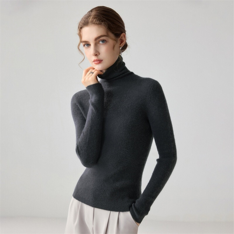 High-end ready-to-wear women's cashmere sweater with stacked collar, soft and warm, high-neck, slim-fit, knitted wool base layer