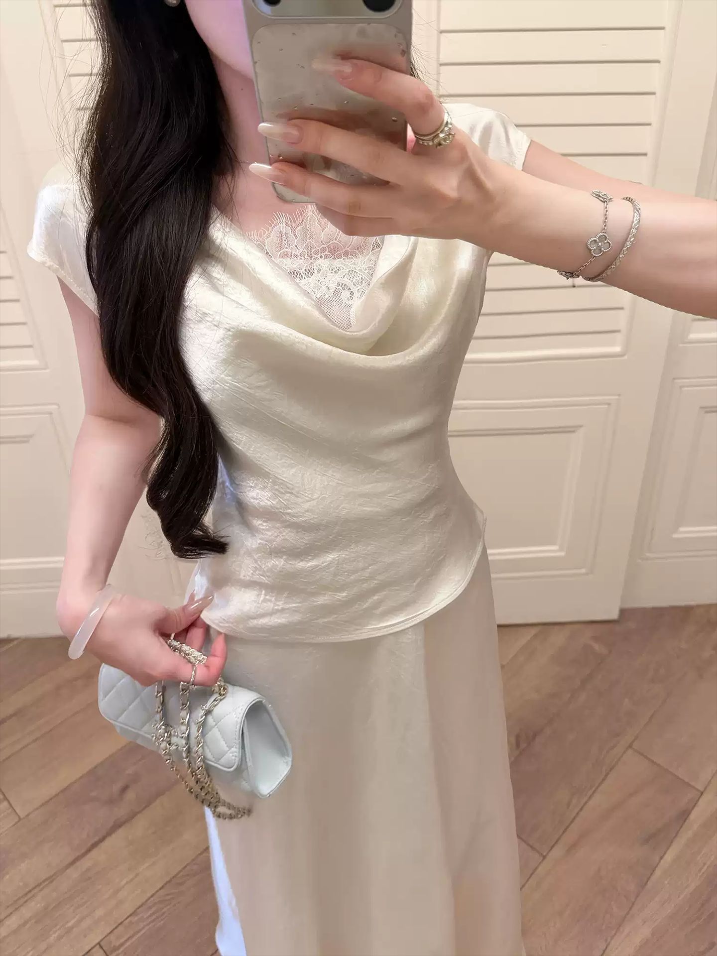 Bộ váy tay ngắn ren cổ điệu đuôi cá thanh lịch nữ — Trang chủ, bộ đồ, nửa váy chi tiết 3