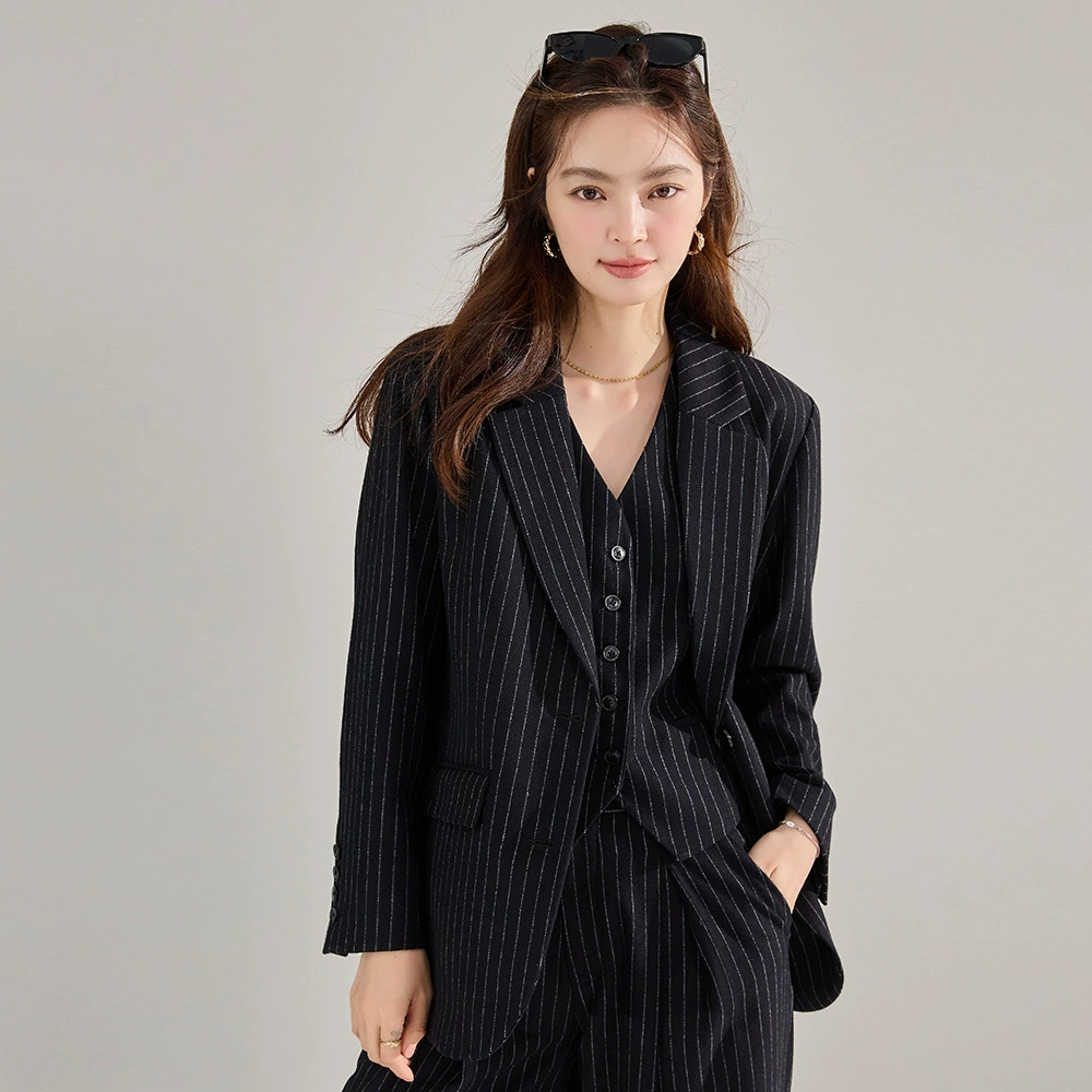 25 осенних новых камвольных шерстяных серий, черный полосатый костюм, женский свободный костюм в западном стиле, брюки 22391, 22391