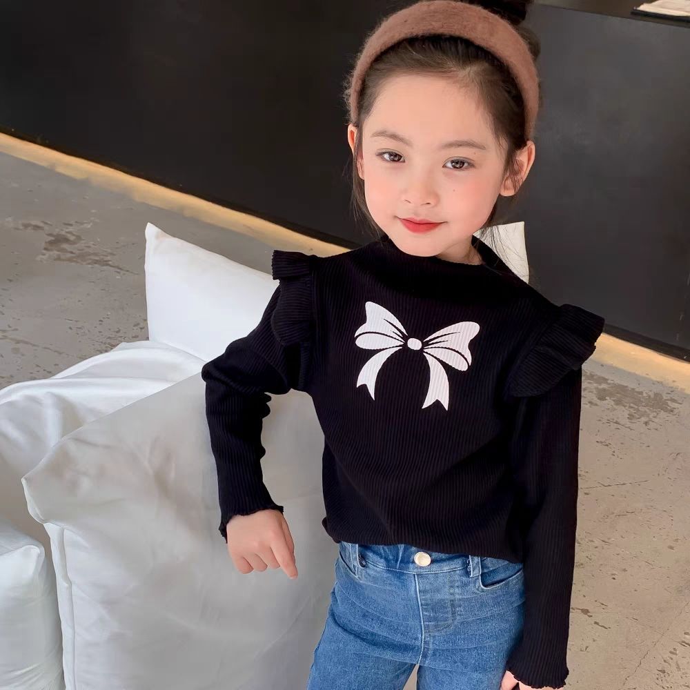 Primavera y otoño nueva camisa de manga larga para niñas de terciopelo Estilo occidental con volantes manga arco impreso bebé niñas SLIM-Fit ropa de otoño