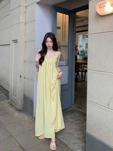 Original Version Style: Seaside Vacation Style Yellow Strap Dress for Women Summer Loose Casual Beach Dress Fairy