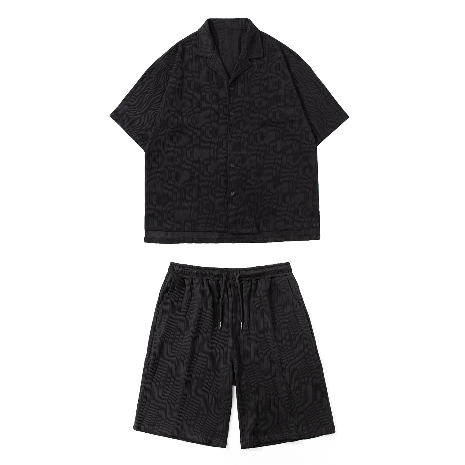 Summer Ice Silk Skin Sense Short-sleeved Shirt Shorts Casual suit Men's Loose plus size Wave Pattern Draped Two-piece Set