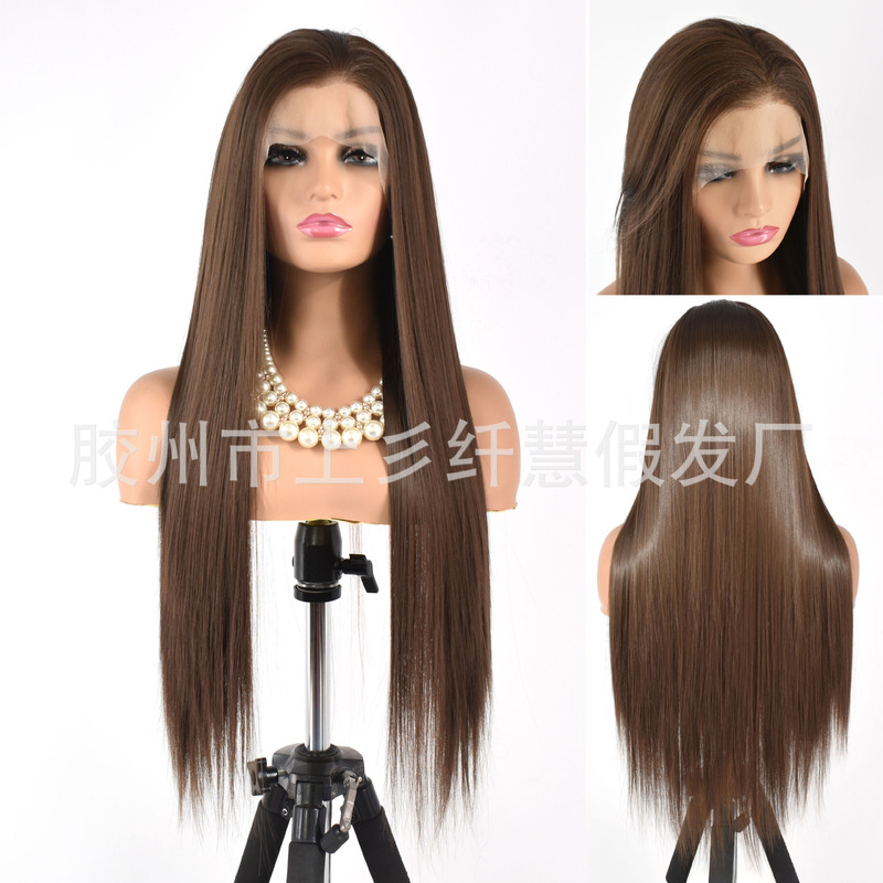 Blue brown hand hook wig front lace ladies long straight hair high temperature matte chemical fiber headgear factory wholesale Blue brown hand hook wig front lace ladies long straight hair high temperature matte chemical fiber headgear factory wholesale
