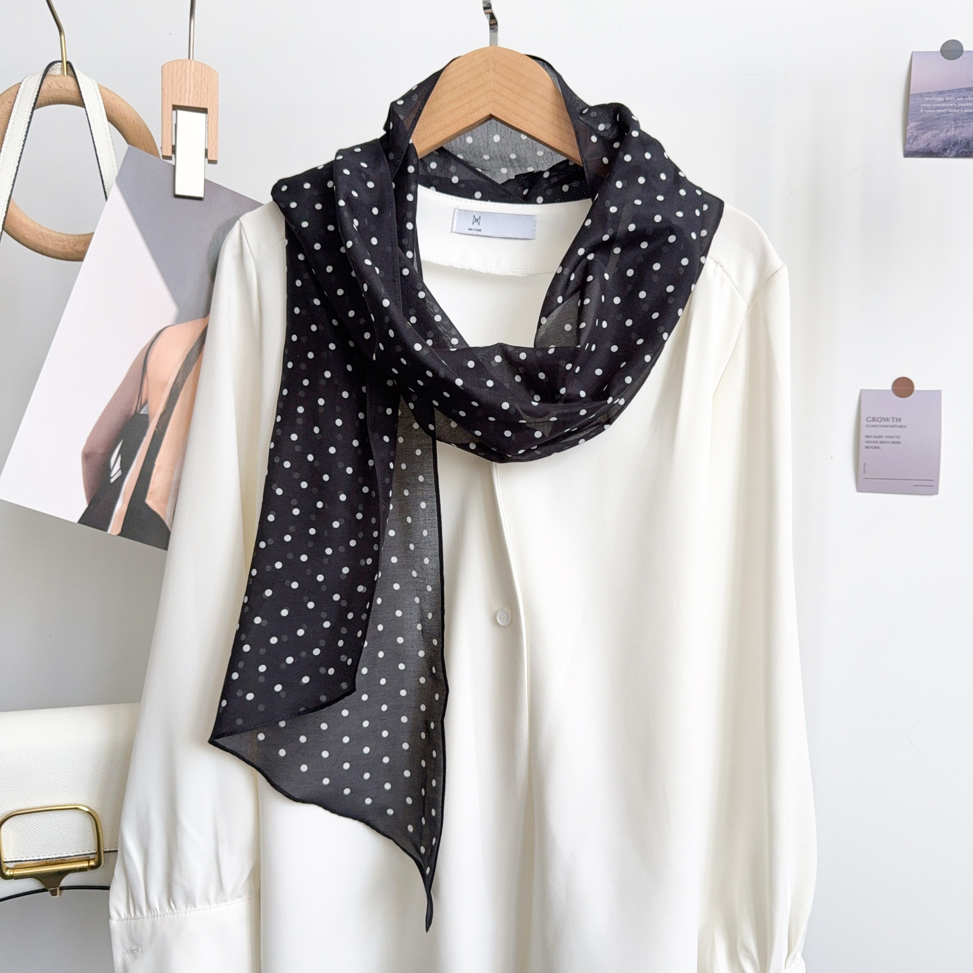 出口韩国原单法式黑白波点丝绵飘带围巾长条领巾百搭文艺时髦单品