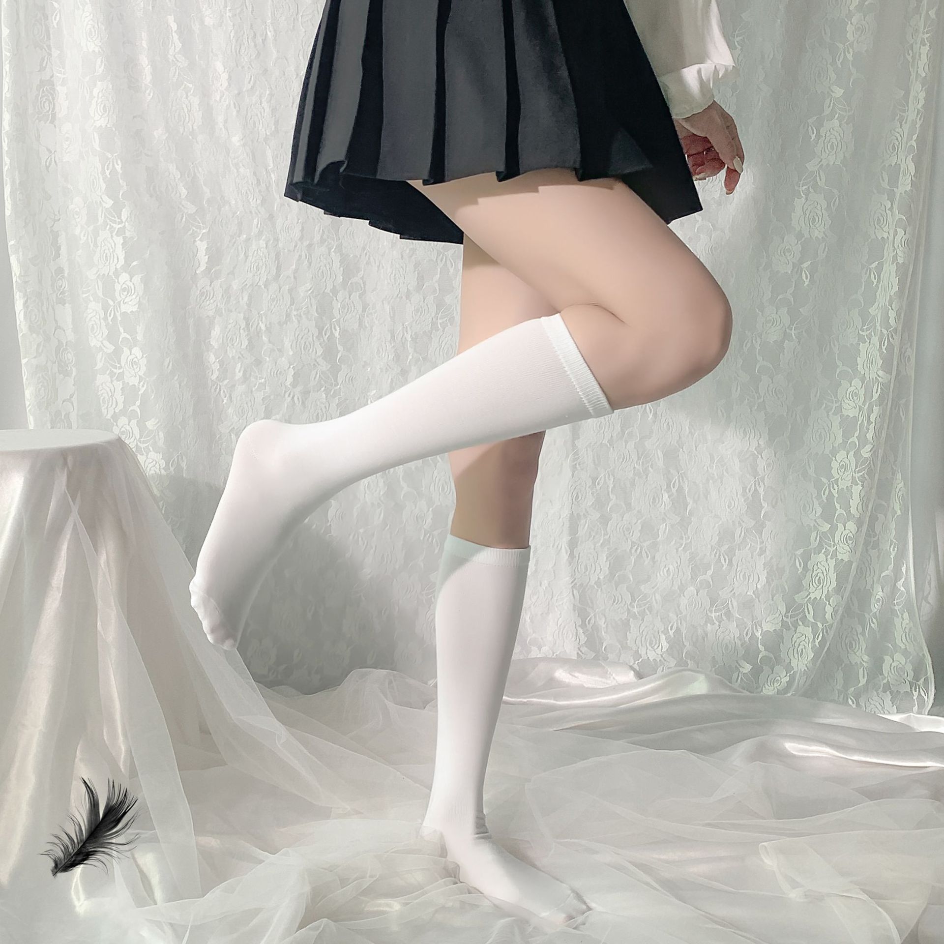 Combed Cotton Knee-High Striped Student Socks, White-Blue Over-Knee Sports Stockings, One Size — detail image 10