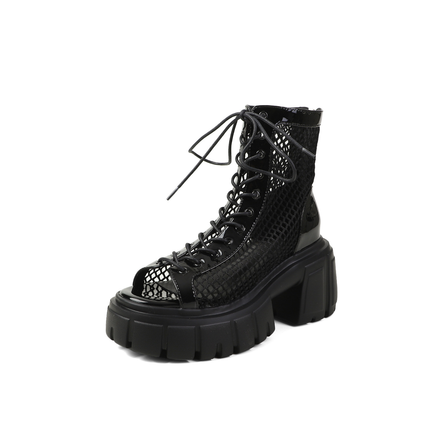 Boot lưới hở mũi nữ đế dày da thật dây thắt Martin 2025 — Màu đen, Màu trắng