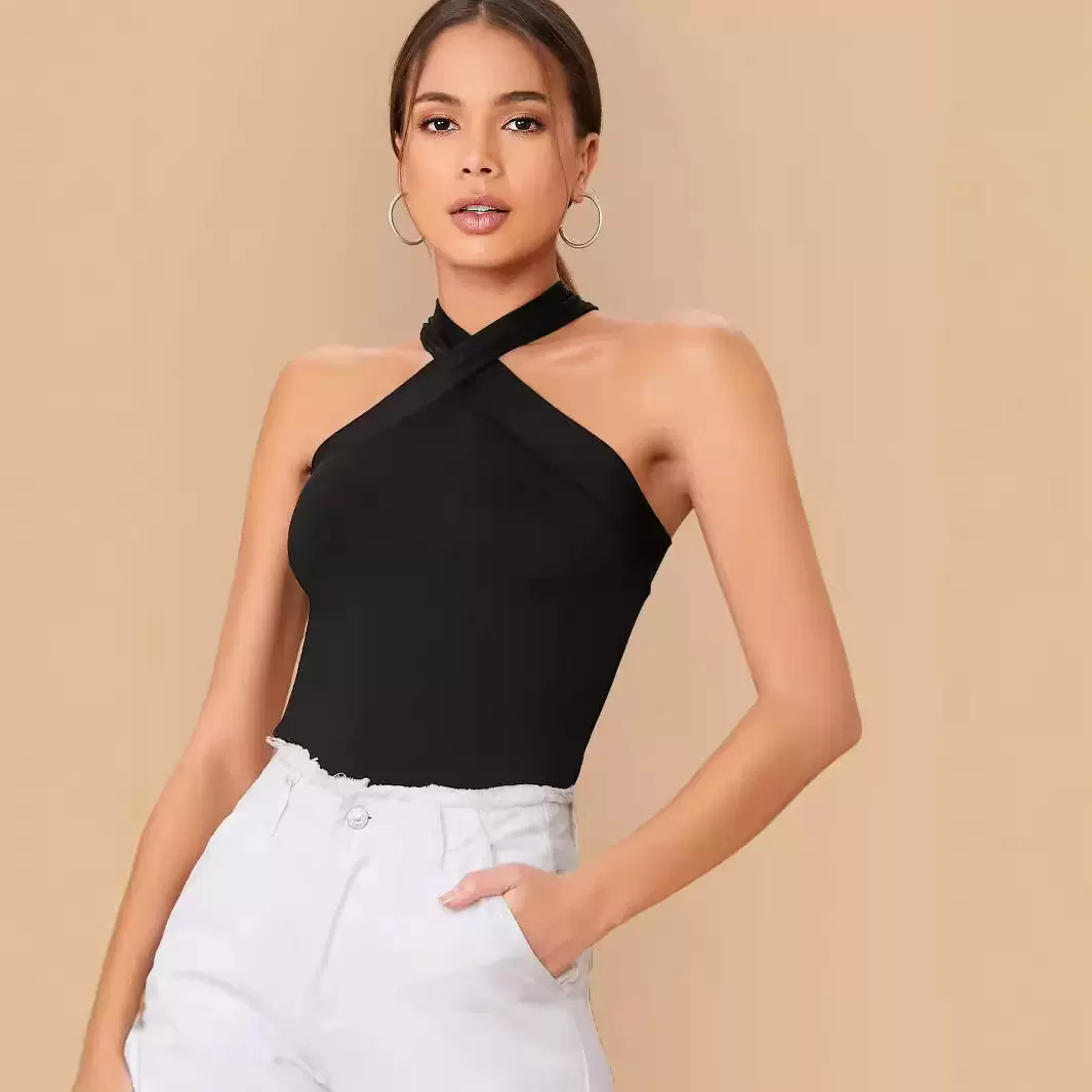 2023欧美外贸跨境女装亚马逊新品气质时尚挂脖式无袖上衣夏季性感