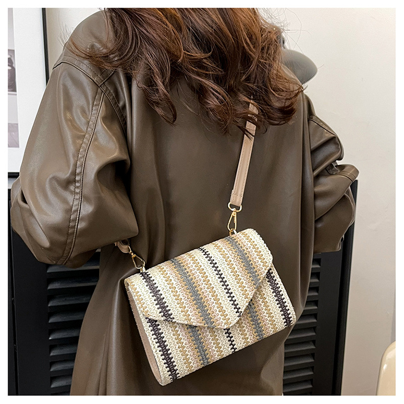 Straw Bag Bags Type Women's Straw Stripe Ethnic Style Classic Style Weave Square Magnetic Buckle Straw Bag