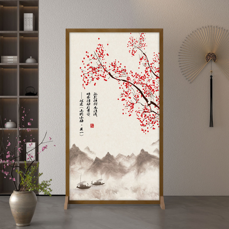 新中式简约现代隔断入户布艺遮挡客厅木质屏风玄关装饰移动座屏风|undefined