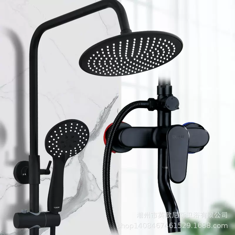 定制全铜增压花洒黑色升降淋浴黑色浴室花洒套装家用卫浴卫生间