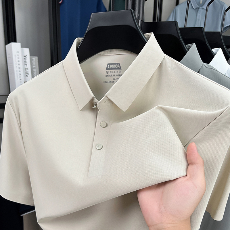 Ice Silk Short-Sleeved Polo Shirt for Men, High-End Summer Thin Style, Fully Seamless Turtle Back Rubberized Elastic Lapel Short-Sleeved Shirt for Men